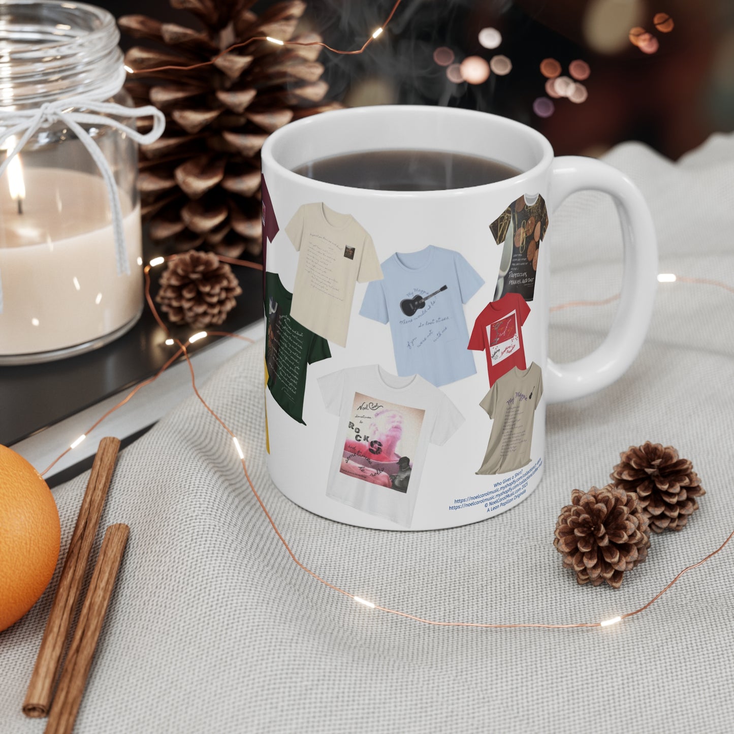 15 of our T-shirts on a Mug - 11oz Coffee Mug - A Leon Papillon Originale - NoelCarolMusic