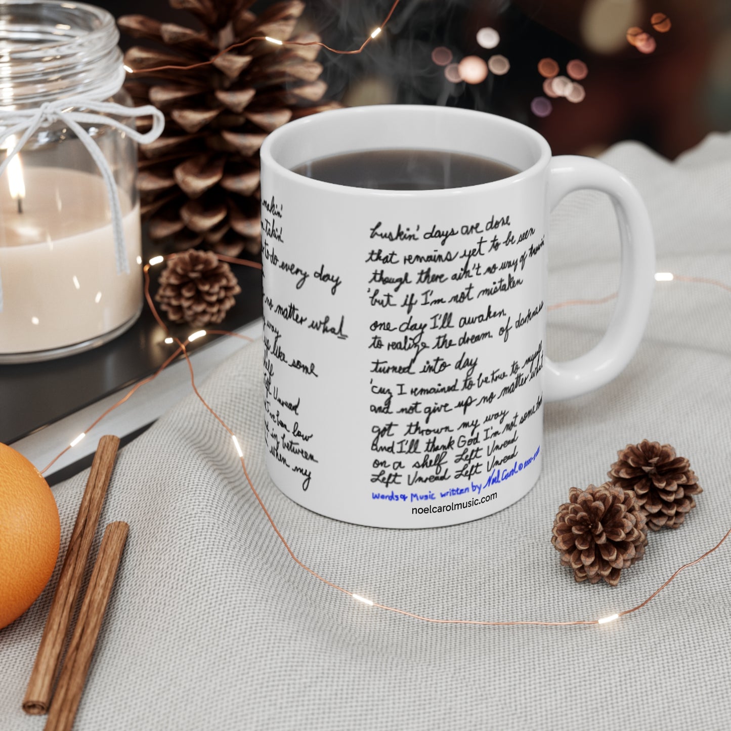Left Unread Mug #1 Hand-written Lyrics 11-oz Coffee Mug - a Noel Carol Originale