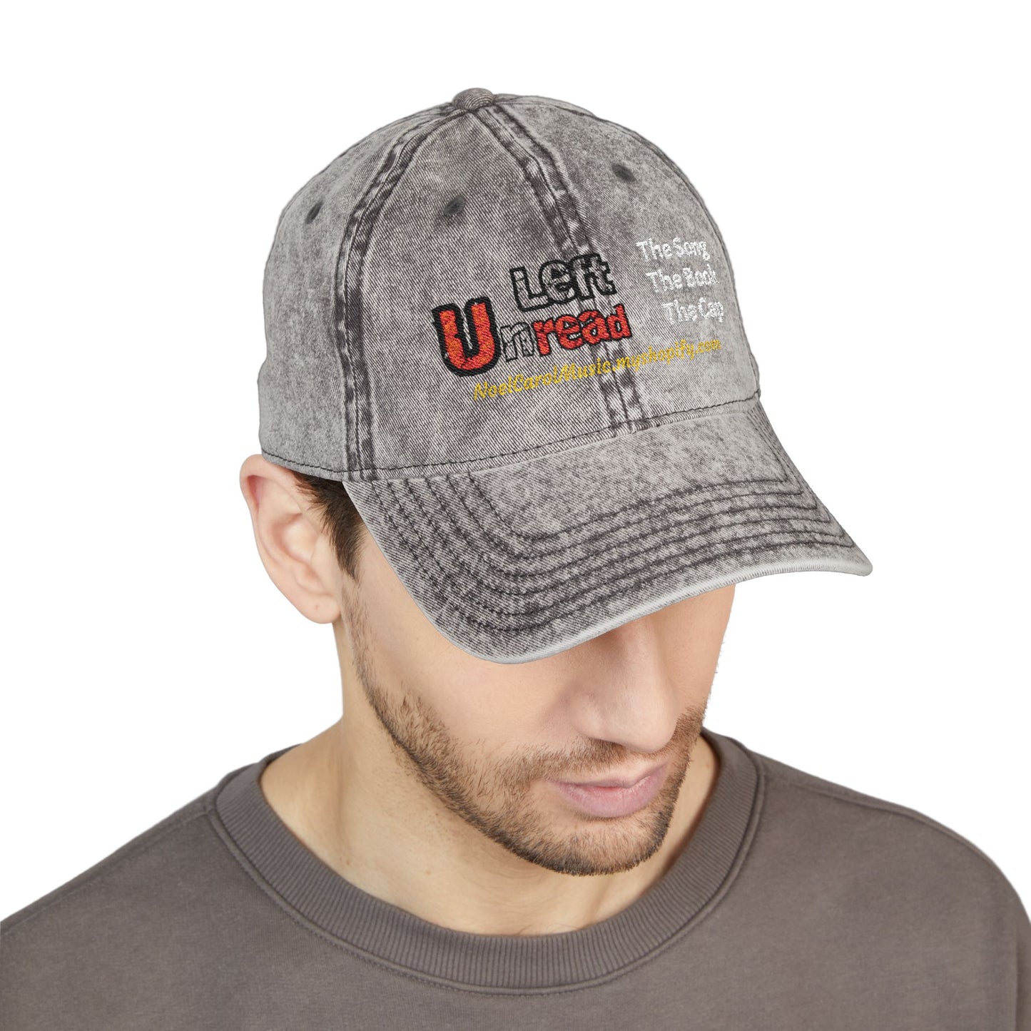 Left Unread charcoal grey embroidered vintage ball cap front view — Noel Carol Music