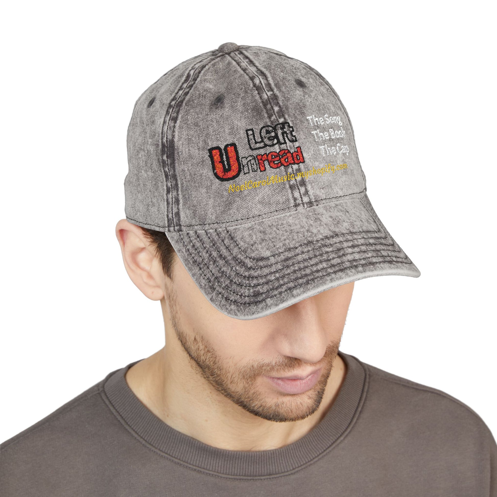 Left Unread charcoal grey embroidered vintage ball cap front view — Noel Carol Music