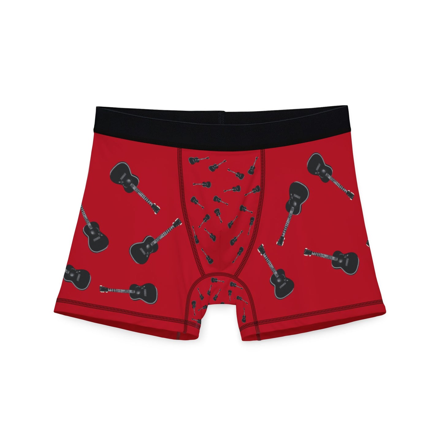 My Maggie red men's boxers with all-over acoustic guitar print, front view — Noel Carol Music