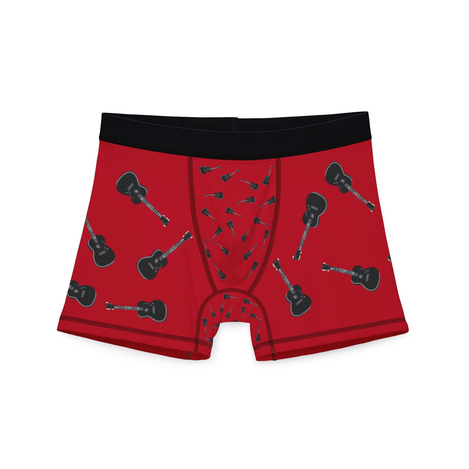 My Maggie red men's boxers with all-over acoustic guitar print, front view — Noel Carol Music