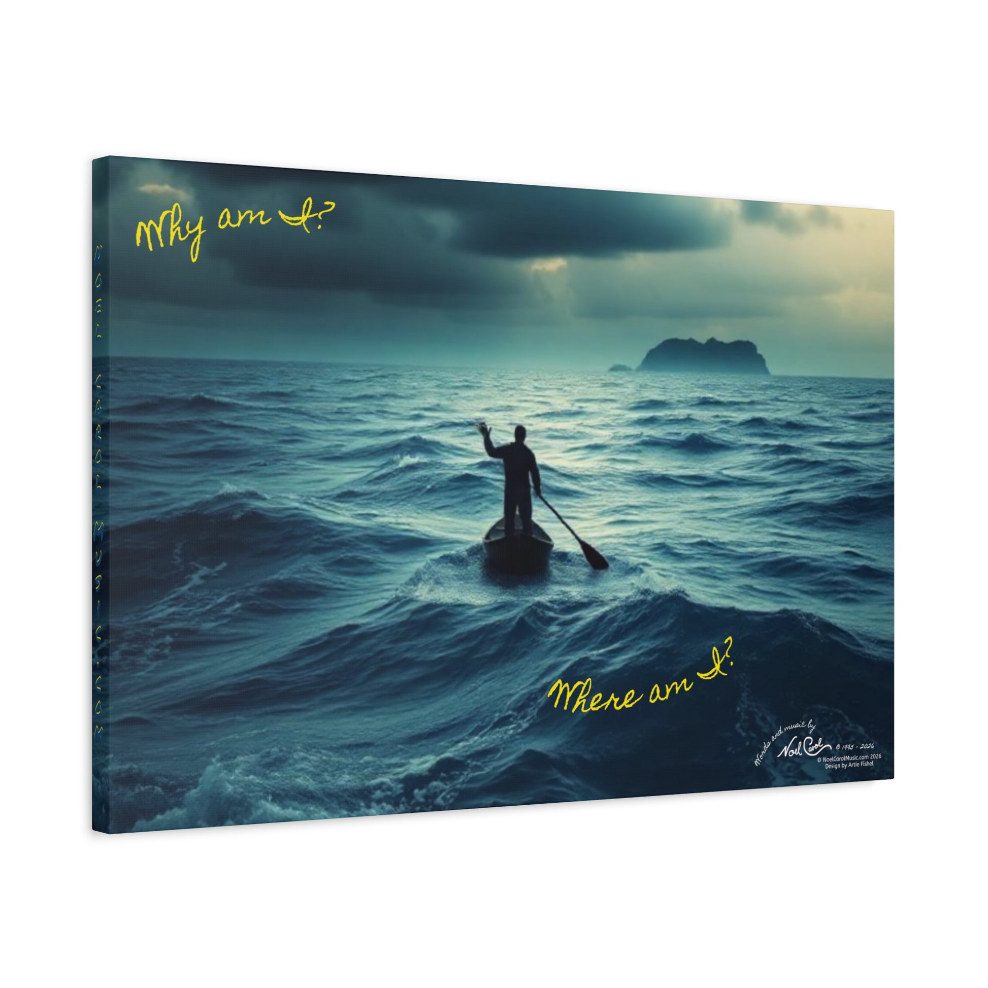 Drifting Lost at Sea canvas print featuring lyrics "Why am I? Where am I?" over ocean imagery, 30" x 20" Noel Carol Originale