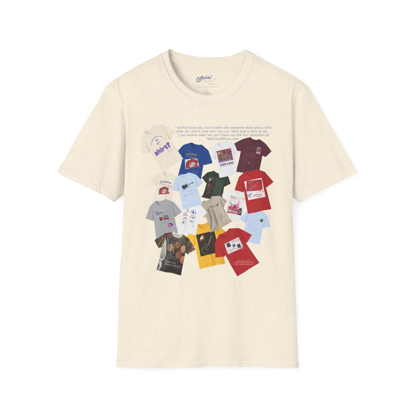 Noel Carol t-shirt featuring 16 t-shirt designs light colors, front view — Noel Carol Music