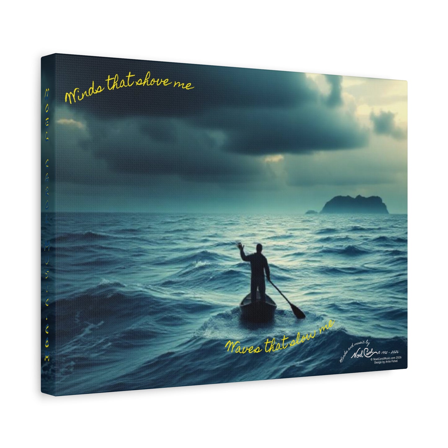 Drifting Lost at Sea canvas print featuring lyrics "Winds that shove me, Waves that slow me" over ocean imagery, 16" x 12" Noel Carol Originale