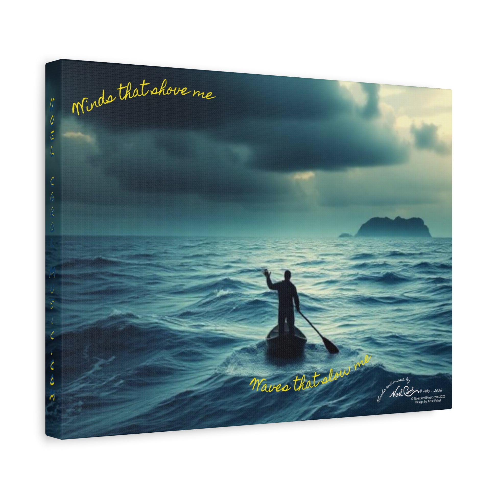 Drifting Lost at Sea canvas print featuring lyrics "Winds that shove me, Waves that slow me" over ocean imagery, 16" x 12" Noel Carol Originale