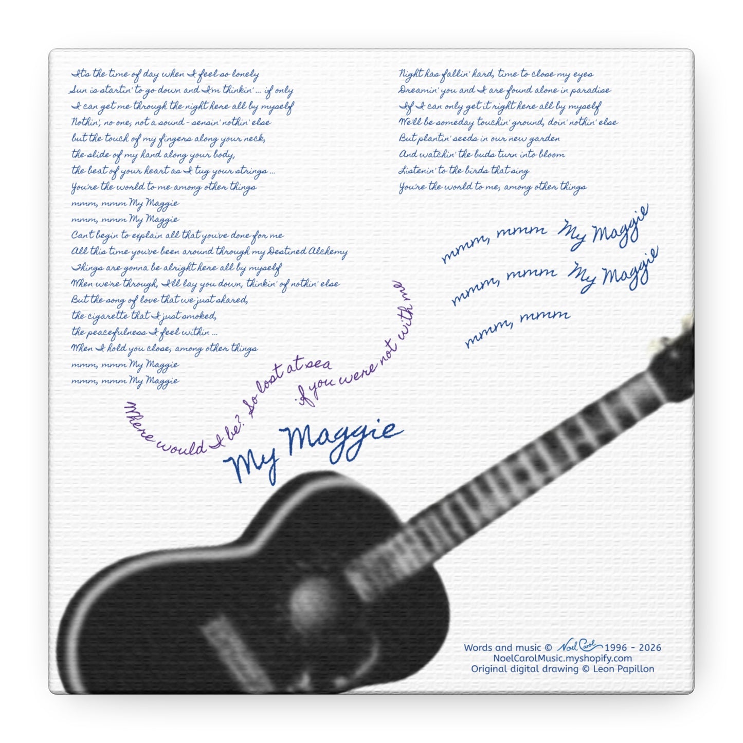 My Maggie c/w lyrics 6" x 6" x 1 1/4" canvas print - from puzzle to canvas - A Leon Papillon Originale # 2 White