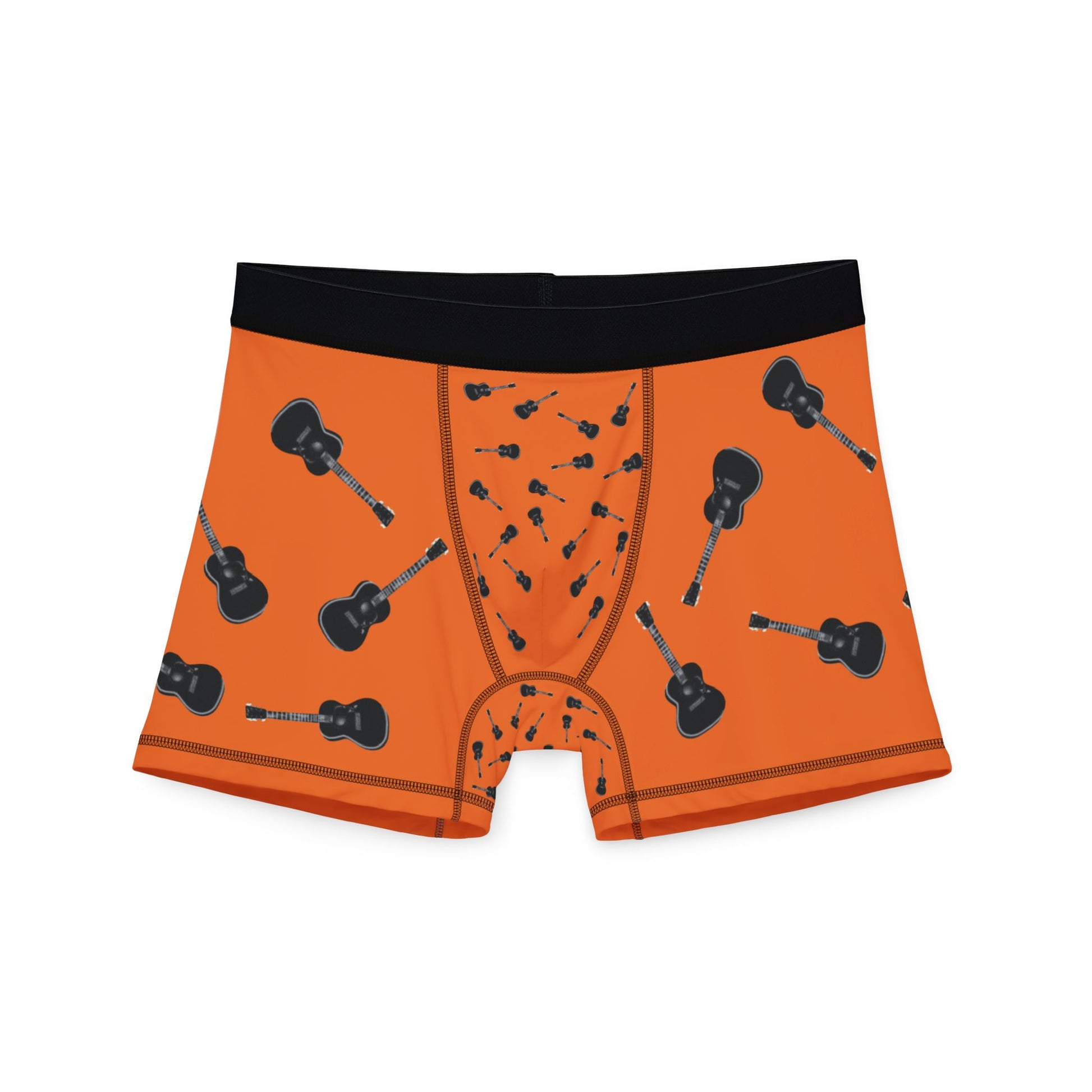 My Maggie orange men's boxers with all-over acoustic guitar print, front view — Noel Carol Music