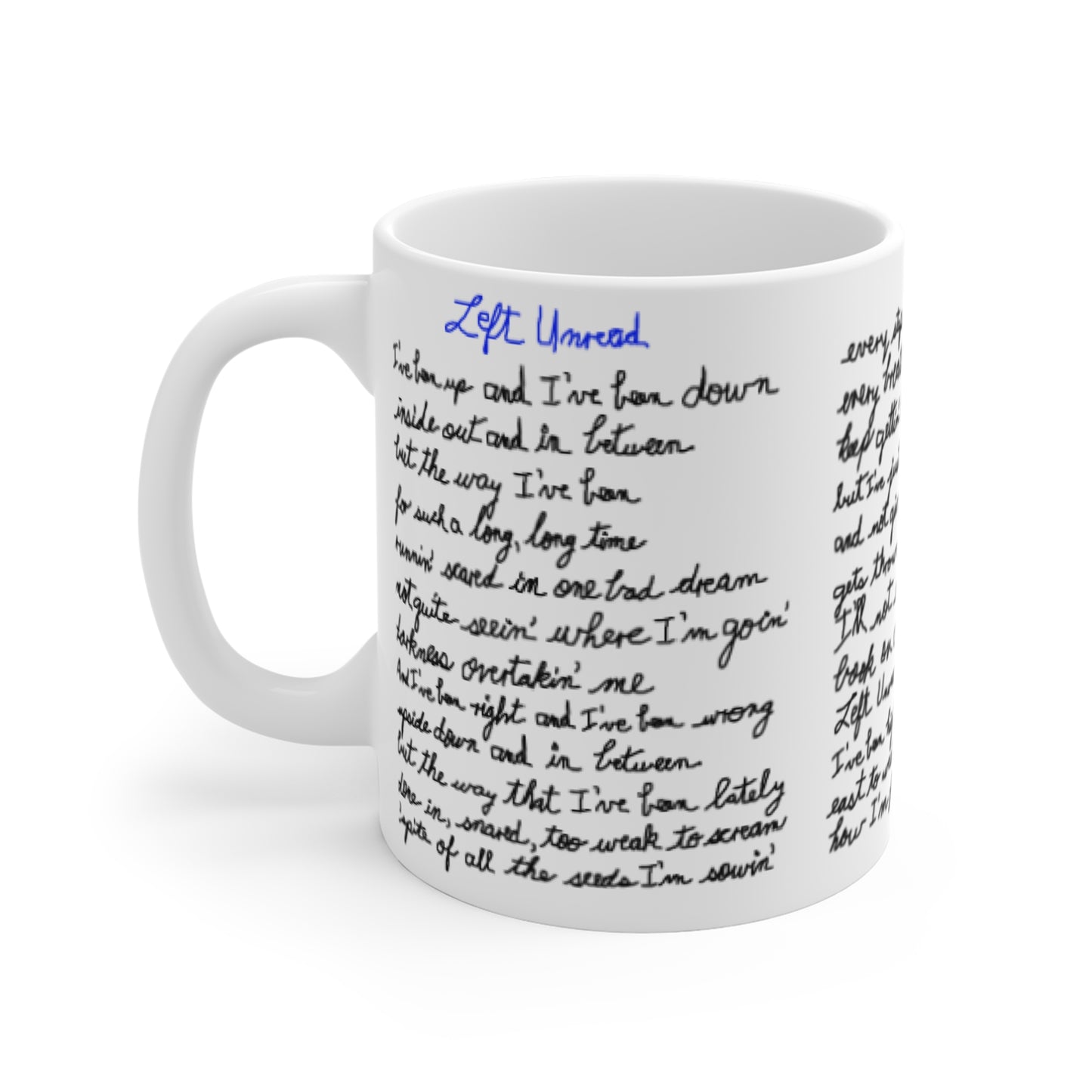 Left Unread Mug #1 Hand-written Lyrics 11-oz Coffee Mug - a Noel Carol Originale