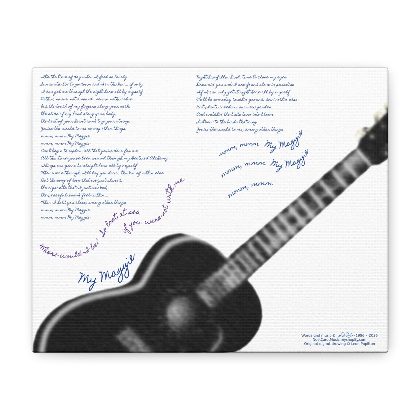 My Maggie c/w lyrics 10" x 8" x 1 1/4" canvas print - from puzzle to canvas - A Leon Papillon Originale # 2 White