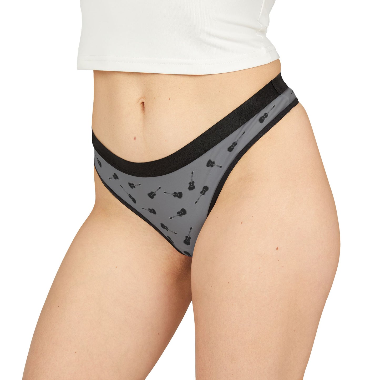 My Maggie grey women's thong with all-over acoustic guitar print, front view — Noel Carol Music