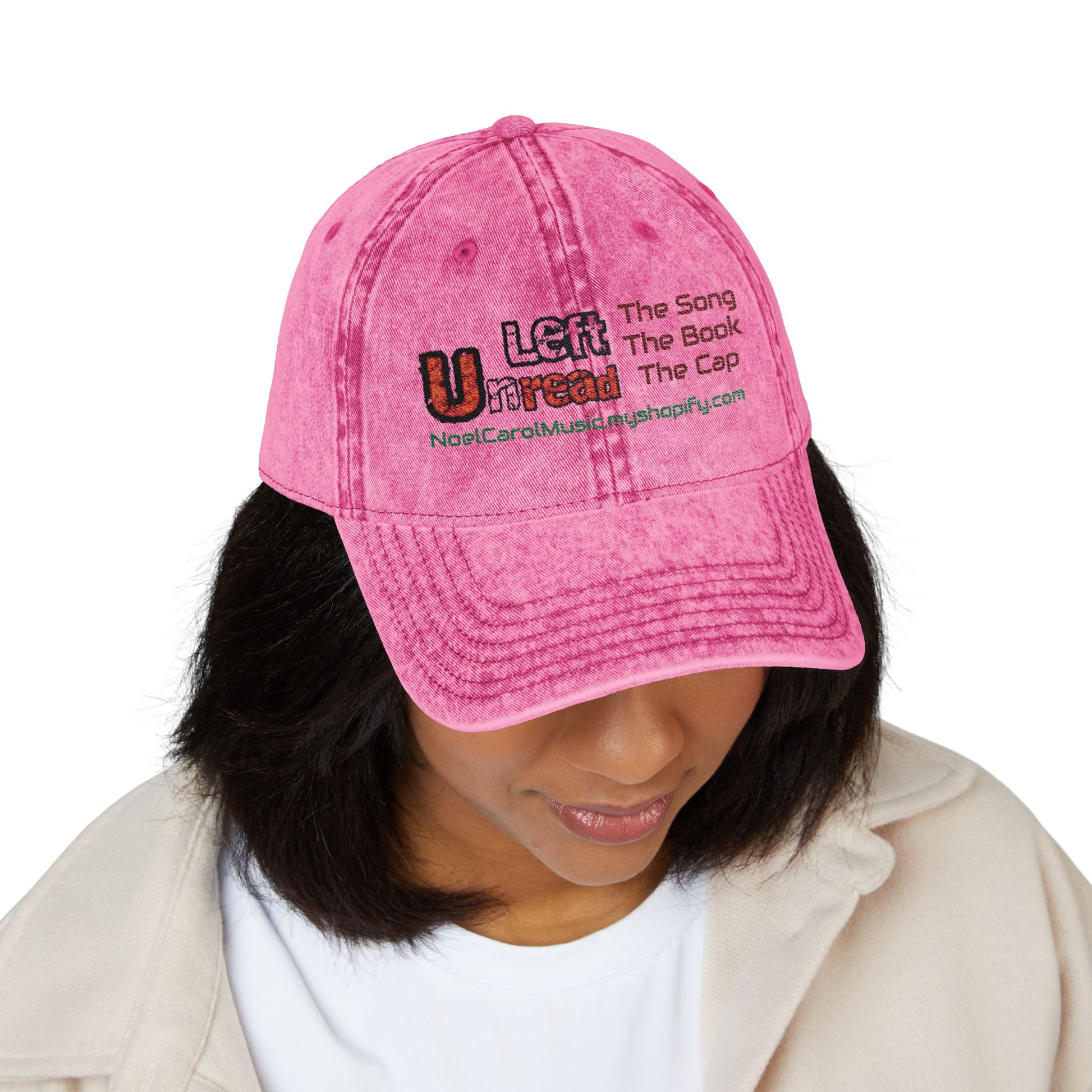 Left Unread pink embroidered vintage ball cap front view — Noel Carol Music