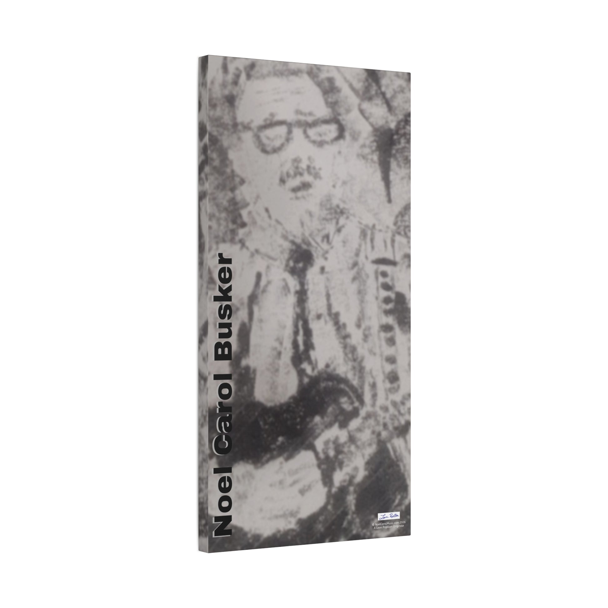 Noel Carol busker charcoal portrait wraparound wall art 15 x30" by Leon Papillon, side view — Noel Carol Music