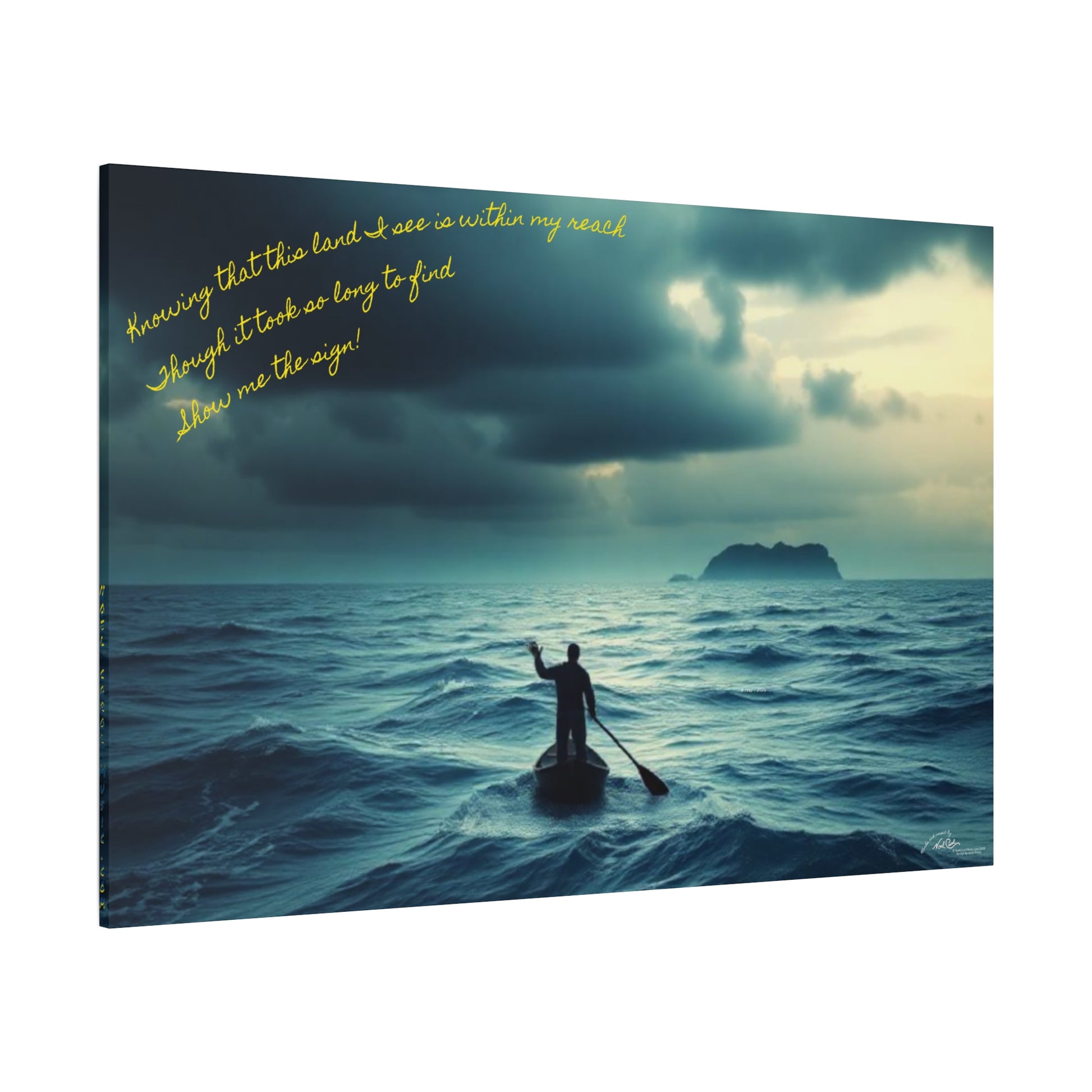 Drifting Lost at Sea canvas print featuring lyrics "Show me the Sign!" over ocean imagery, 60" x 40" Noel Carol Originale