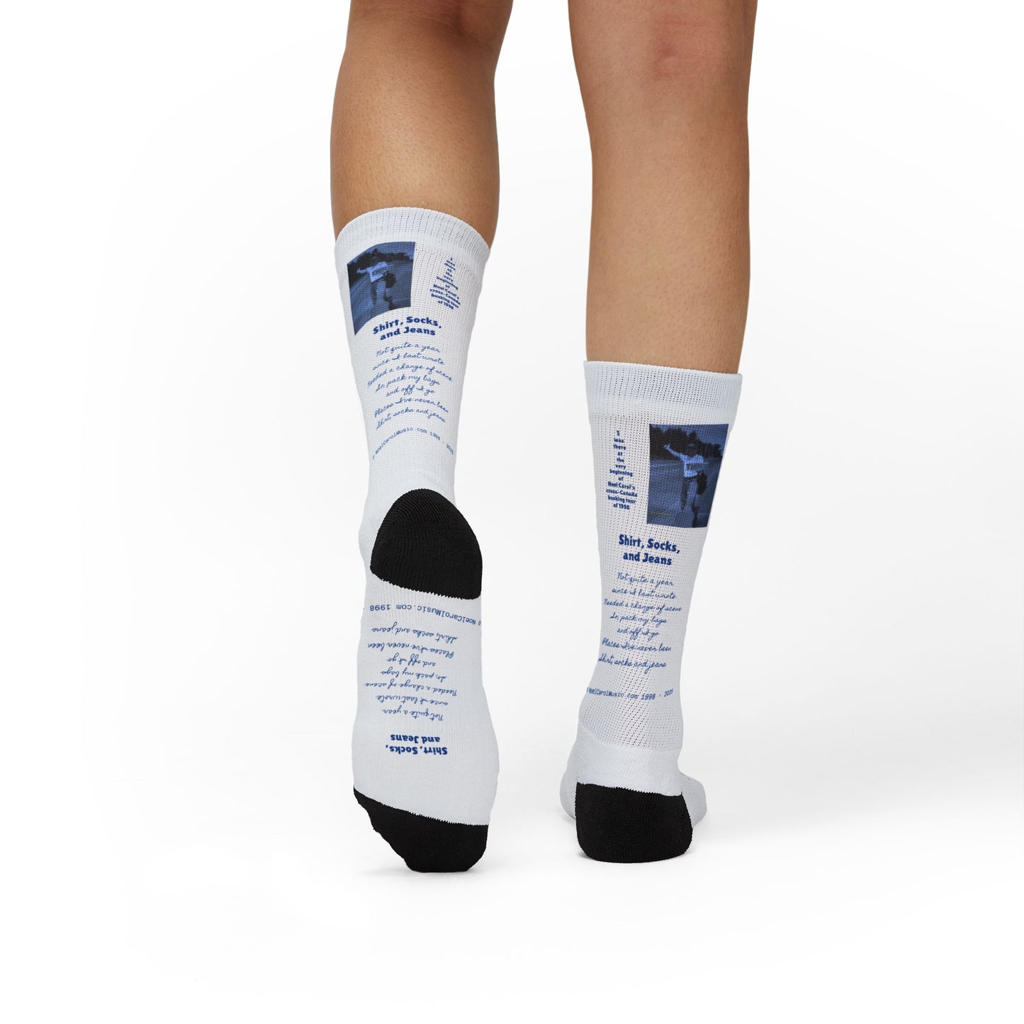 From the song, Shirt, Socks and Jeans sublimation socks, front view — Noel Carol Music