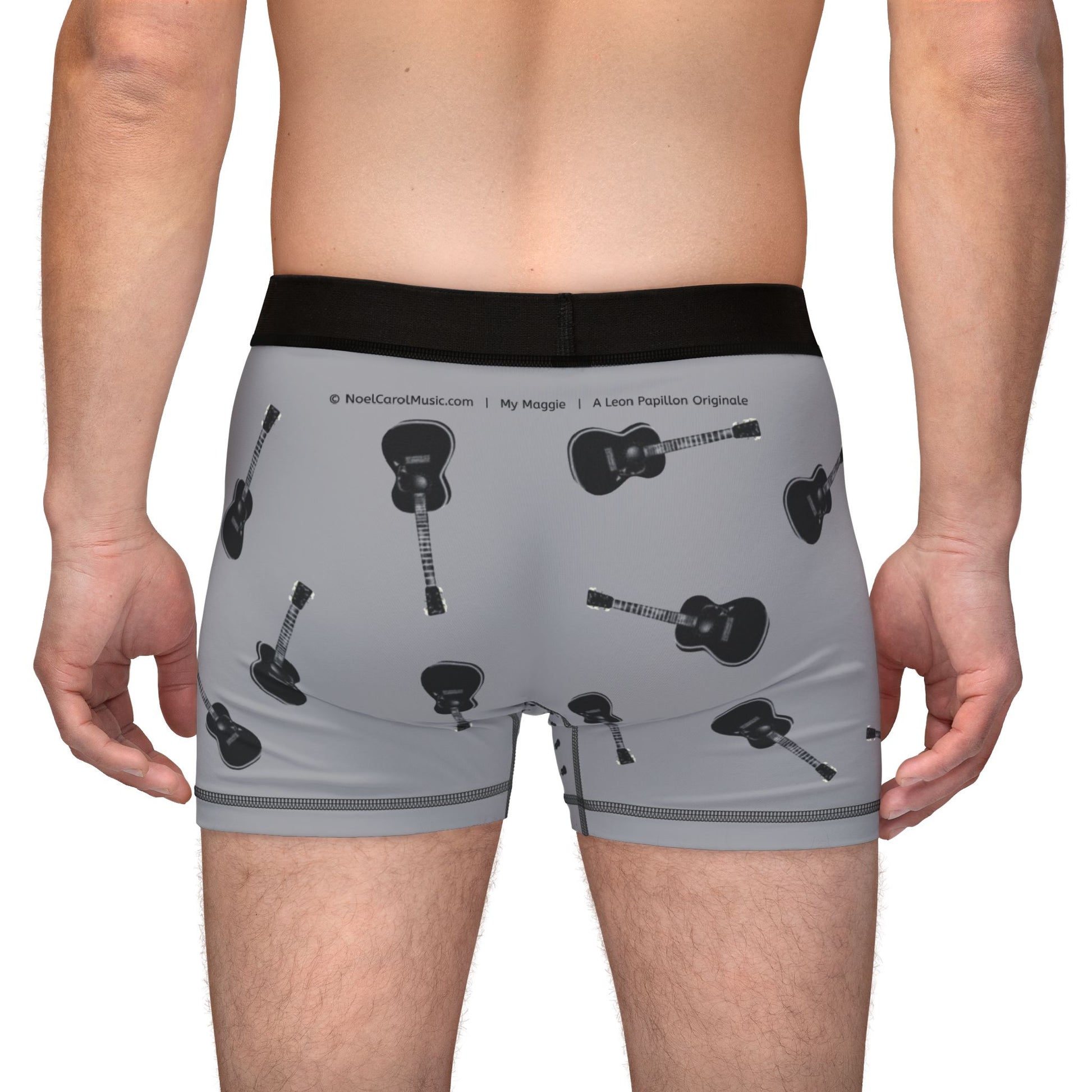 My Maggie light grey men's boxers with all-over acoustic guitar print, rear view — Noel Carol Music