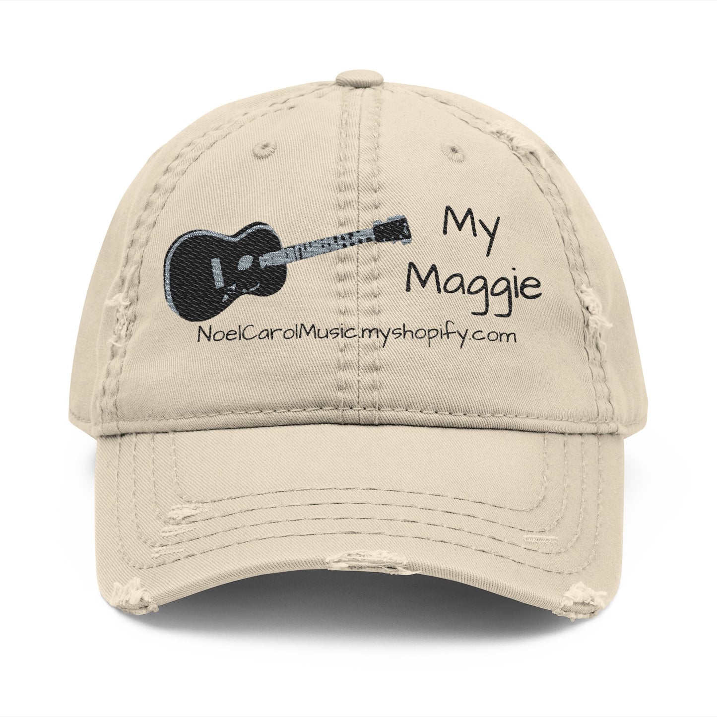 My Maggie khaki distressed dad hat with embroidery, front view — Noel Carol Music