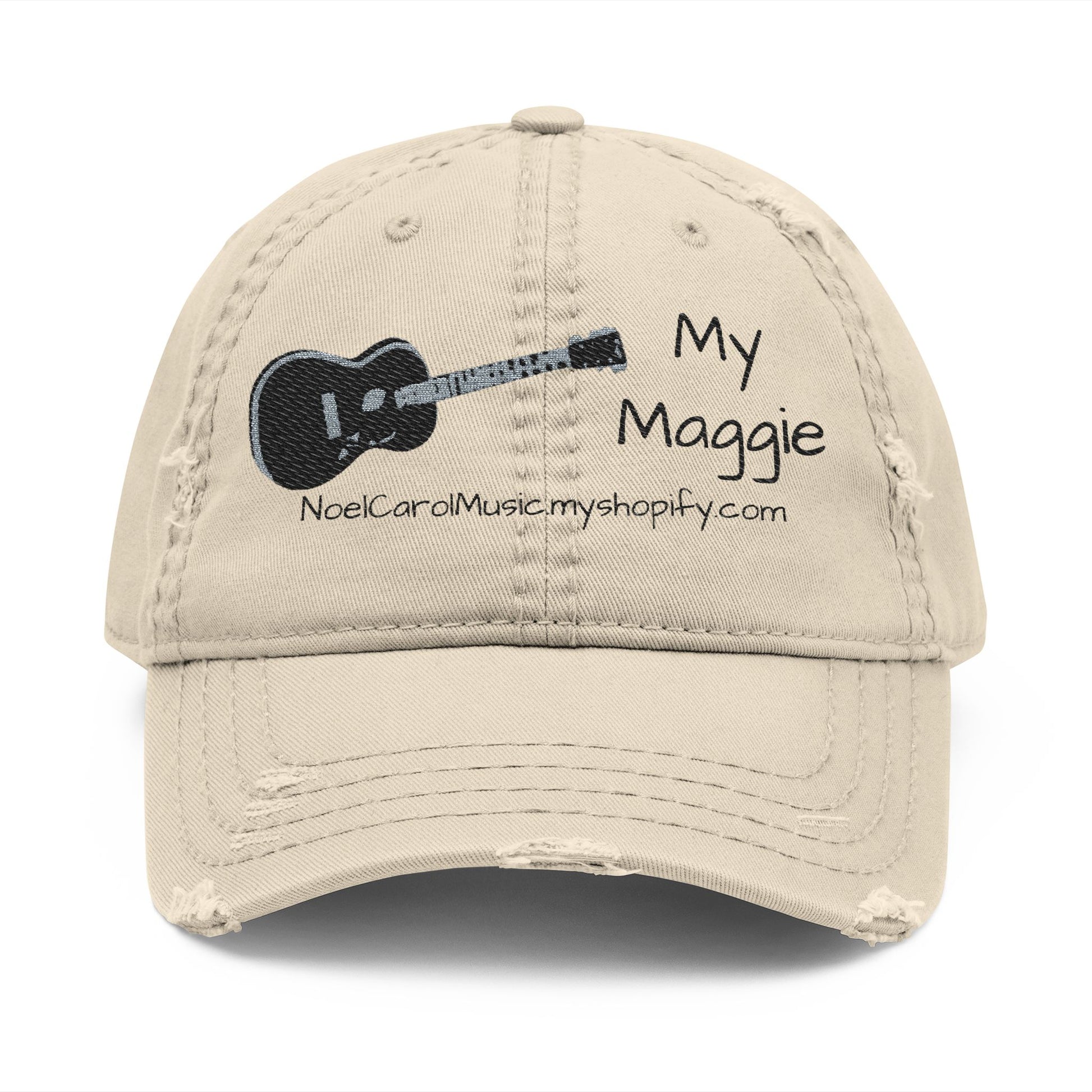 My Maggie khaki distressed dad hat with embroidery, front view — Noel Carol Music