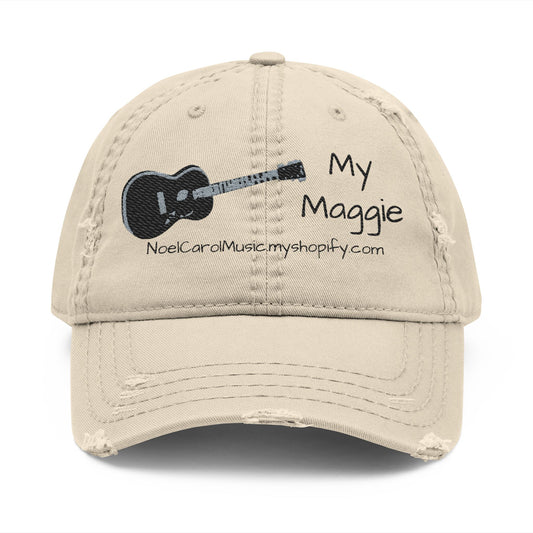 My Maggie khaki distressed dad hat with embroidery, front view — Noel Carol Music