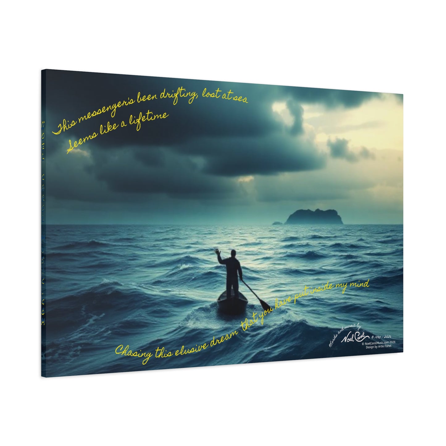 Drifting Lost at Sea canvas print featuring lyrics "This messenger's been drifting, lost at sea - Seems like a lifetime" over ocean imagery, 48" x 32"