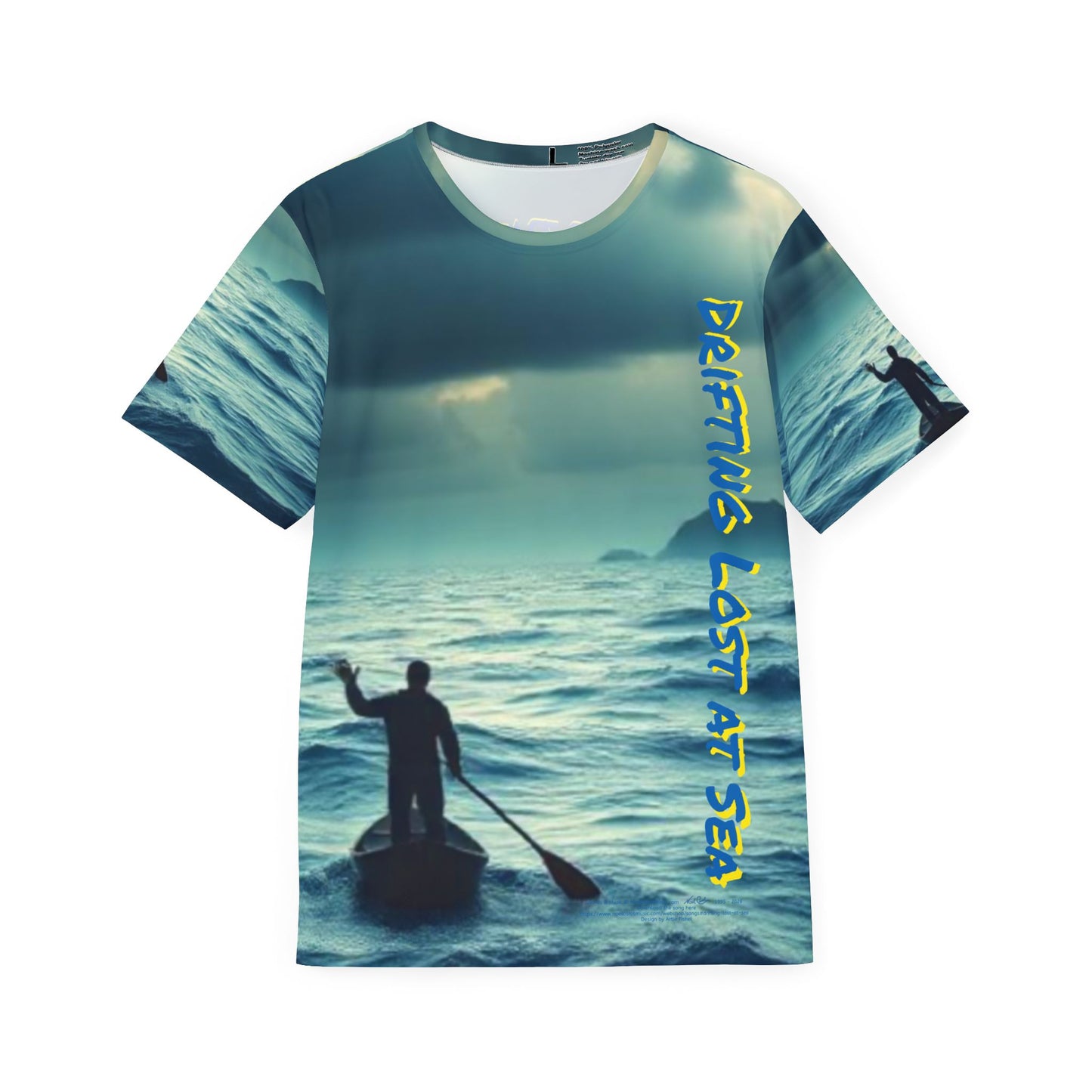 Drifting Lost at Sea men's all-over print sports jersey t-shirt, front view — Noel Carol Music