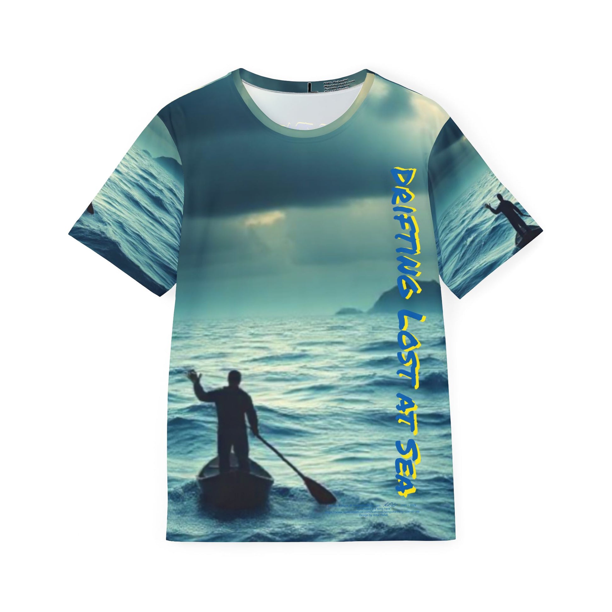 Drifting Lost at Sea men's all-over print sports jersey t-shirt, front view — Noel Carol Music