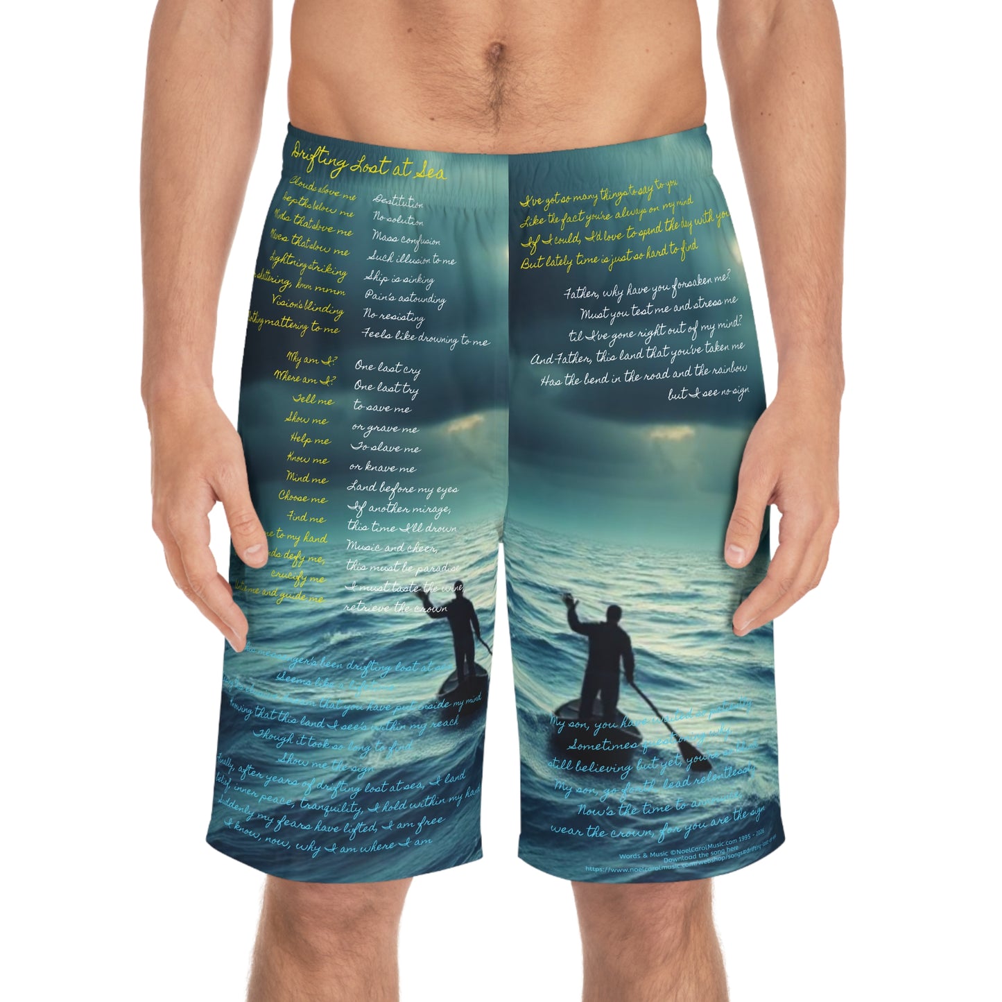 Drifting Lost at Sea men's classic all-over-print swimming trunks, front view , with song lyrics— Noel Carol Music