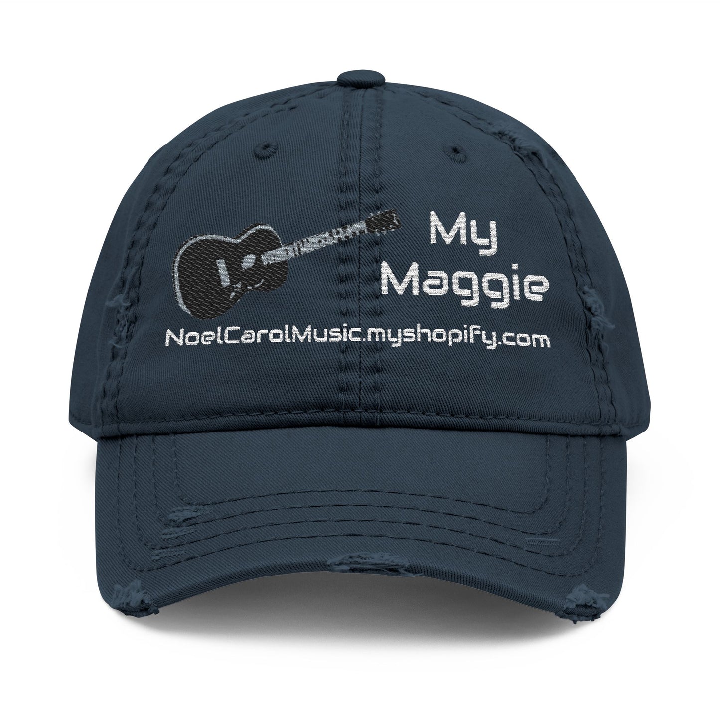 My Maggie blue distressed dad hat with embroidery, front view — Noel Carol Music