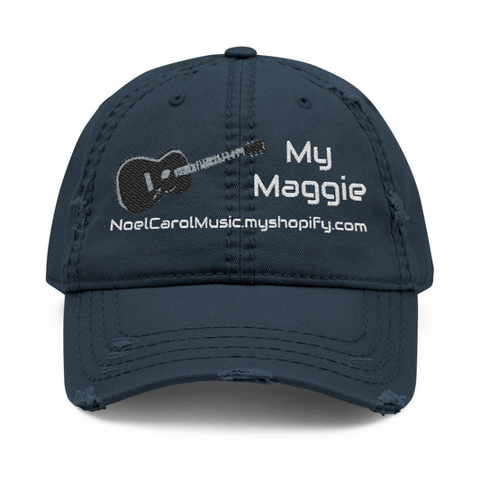 My Maggie blue distressed dad hat with embroidery, front view — Noel Carol Music