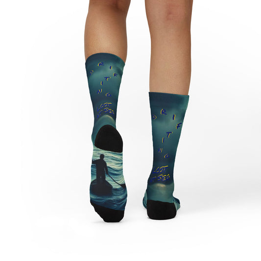 "Drifting Lost at Sea" sublimation socks, all-over print design — A Noel Carol Originale