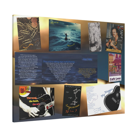 Collage of nine Noel Carol and Leon Papillon canvas prints arranged in a grid, featuring artwork from Left Unread, My Maggie, Cafe Leon Before the Rush, and other original pieces
