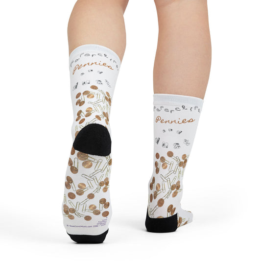Paperclips Pennies and Dust sublimation socks, front view — Noel Carol Music